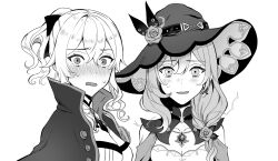  2girls asymmetrical_hair blush bow breasts butterfly_earrings capelet cleavage coat coat_on_shoulders commentary dress earrings embarrassed flower genshin_impact greyscale hair_between_eyes hair_bow hair_flower hair_ornament hair_over_shoulder hat hat_flower jean_(genshin_impact) jewelry lisa_(genshin_impact) looking_at_viewer medium_breasts medium_hair monochrome multiple_girls open_mouth ponytail sweatdrop upper_body vision_(genshin_impact) wavy_mouth witch_hat yamabuki0211  rating:General score:11 user:danbooru