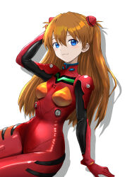 1girl absurdres artist_request blue_eyes bodysuit breasts brown_hair closed_mouth cowboy_shot curvy hair_between_eyes hand_in_own_hair highres interface_headset legs_together looking_at_viewer multicolored_bodysuit multicolored_clothes neon_genesis_evangelion pilot_suit plugsuit red_bodysuit shiny_clothes simple_background sitting smile solo souryuu_asuka_langley two_side_up white_background wide_hips 