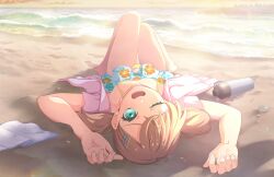 1girl aqua_eyes arms_up beach bikini bottle brown_hair collarbone crossed_bangs exhausted frilled_bikini frills game_cg hair_ornament hairclip highres hinoshita_kaho horizon jacket jacket_over_swimsuit knees_up link!_like!_love_live! looking_at_viewer love_live! low_twintails lying medium_hair official_art on_back one_eye_closed open_clothes open_jacket open_mouth pink_jacket sand shell shore solo swimsuit thigh_gap third-party_source towel twintails virtual_youtuber water_bottle yellow_bikini 