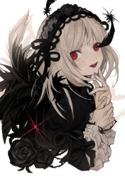  1girl :d absurdres black_feathers black_flower black_rose black_wings bow commentary_request dress feathers flower frills gothic_lolita grey_hair hairband highres kugaumelo light_blush lolita_fashion lolita_hairband long_hair long_sleeves open_mouth red_eyes rose rozen_maiden smile suigintou wings 