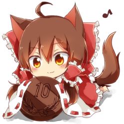 1girl ahoge animal_ears barefoot bow brown_eyes brown_hair cat_ears chocolate_coin closed_mouth coin hair_bow hair_tubes hakurei_reimu musical_note red_bow solo tail tosura-ayato touhou wide_sleeves rating:Sensitive score:8 user:danbooru