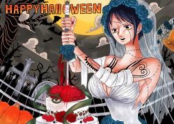  1girl alternate_costume arm_tattoo bat_(animal) blue_flower breast_tattoo breasts bridal_veil cake cleavage cloud commentary devil_fruit dress earrings english_commentary english_text finger_tattoo flower food genderswap genderswap_(mtf) grave graveyard halloween hand_tattoo happy_halloween highres holding holding_sword holding_weapon jewelry large_breasts moon namnam_op night one_piece open_mouth pumpkin red_flower red_nails red_rose rose short_hair shoulder_tattoo solo stitched_arm stitched_face stitches sword tattoo teeth trafalgar_law veil weapon wedding_dress white_dress yellow_eyes 