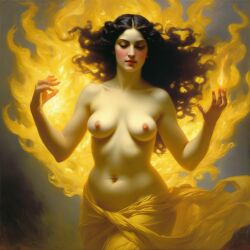  ai-generated belly black_hair breasts burning closed_eyes curvy fire long_hair navel nipples nude pyrokinesis seductress sleepy small_breasts william_bouguereau  rating:Explicit score:1 user:kitsuneshapeshifter