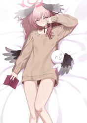  1girl absurdres alternate_costume alternate_hairstyle b.t._(boob_tong) bed_sheet black_choker black_wings blue_archive blush book brown_dress brown_sweater cameo character_doll choker collarbone commentary_request doodle_sensei_(blue_archive) dress embarrassed feathered_wings hair_between_eyes hair_down halo head_wings highres holding holding_book knees_together_feet_apart koharu_(blue_archive) long_hair long_sleeves looking_at_viewer lying nail_polish on_back on_bed pink_eyes pink_hair sensei_(blue_archive) short_dress sidelocks simple_background solo sweatdrop sweater sweater_dress wings 