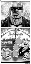 2boys alcohol bald bar_(place) bartender bayonetta_(series) blush_stickers bow bowtie chain chain_necklace cleaning closed_eyes comic crossover dark_skin drinking earrings enzo fedora formal greyscale halftone hat jewelry kirby kirby_(series) milk monochrome multiple_boys multiple_earrings necklace necktie nintendo ouya_(maboroshimori) rodin sparkle_background suit sunglasses twitter_username waddle_dee