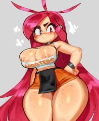  1girl antenna_hair areola_slip betilla_(rayman) big_hair body_freckles breasts curvy fairy fairy_wings freckles grey_background hand_on_own_hip highres hooters large_breasts long_hair looking_at_viewer messy_hair narrow_waist nipple_slip nipples rayman rayman_legends rayman_origins red_eyes red_hair short_shorts shorts simple_background solo thick_thighs thighs very_long_hair wamudraws wide_hips wings 