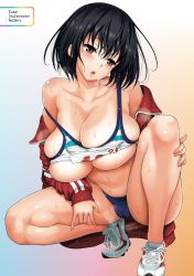 1girl bare_shoulders bikini_tan black_hair blush breasts brown_eyes bursting_breasts buruma cameltoe cleavage collarbone gradient_background head_tilt highres jacket large_breasts looking_at_viewer navel non-web_source off_shoulder open_clothes open_jacket open_mouth red_eyes shoes short_hair simple_background sleeves_past_wrists solo squatting sweat tan tanline track_jacket yahiro_pochi rating:Questionable score:97 user:danbooru