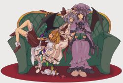 3girls bat_wings blonde_hair blue_hair blush book crystal_wings dress flandre_scarlet frilled_dress frilled_sleeves frills hand_on_another&#039;s_head hat highres hua88331 lying lying_on_lap lying_on_person mob_cap multiple_girls patchouli_knowledge pointy_ears purple_dress purple_eyes purple_hair reading red_ribbon remilia_scarlet ribbon sleeping touhou white_dress wings