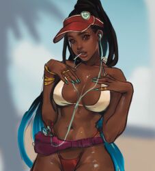  1girl aqua_nails bangle bikini black_hair blue_hair bracelet breasts brown_eyes brown_lips cable candy colored_tips commentary dark_skin dreadlocks earbuds earphones english_commentary fake_nails fanny_pack fingernails food food_in_mouth hat high_ponytail highleg highleg_bikini jewelry kimberly_jackson kingazastyles listening_to_music lollipop long_fingernails long_hair medium_breasts multicolored_bikini multicolored_clothes multicolored_hair multiple_rings navel official_alternate_hairstyle red_hat ring shiny_skin side-tie_bikini_bottom solo spaghetti_strap street_fighter street_fighter_6 sweat swimsuit thick_eyebrows thighs two-tone_hair very_dark_skin very_long_hair visor_cap walkman 
