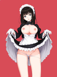 1girl absurdres apron black_hair blue_eyes breasts breasts_out clothes_lift commentary_request cowboy_shot dress dress_lift frills gloves gluteal_fold groin highres kyokucho large_breasts lifting_own_clothes long_sleeves looking_at_viewer maid maid_headdress nipples no_bra original panties panty_pull parted_lips puffy_sleeves pussy_juice red_background side-tie_panties simple_background skirt solo standing string_panties underwear white_gloves white_panties rating:Explicit score:142 user:danbooru