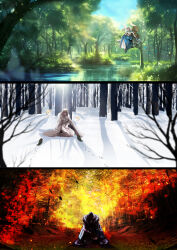  1boy 3boys absurdres antinese arthropod_boy black_hair blanca_(fate) blue_cloak blue_eyes bug butterfly_wings cape cloak crown diamond_hairband dragonfly_wings facing_away fate/grand_order fate_(series) fire floating forest full_body fur-trimmed_cape fur-trimmed_cloak fur_trim grey_hair highres insect insect_wings long_sleeves male_focus medium_hair moth multiple_boys multiple_persona nature no_wings oberon_(fate) oberon_(third_ascension)_(fate) river shirt sitting smile snow solo white_cloak white_shirt wide_shot wing_cape wings 