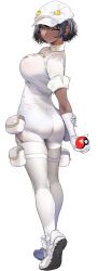 1girl aether_foundation_employee aether_foundation_employee_(female) ass black_hair blush breasts creatures_(company) dark-skinned_female dark_skin elbow_gloves from_side full_body game_freak gloves grey_eyes highres holding holding_poke_ball large_breasts looking_at_viewer marushin_(denwa0214) nintendo parted_lips poke_ball pokemon pokemon_sm pouch short_sleeves smile solo thigh_pouch thighs white_background white_gloves white_headwear rating:Sensitive score:122 user:danbooru