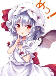 &gt;:o 1girl :o bat_wings blush fang hat hat_ribbon kedama_milk looking_at_viewer mob_cap open_mouth pointy_ears red_eyes remilia_scarlet ribbon short_hair short_sleeves silver_hair simple_background solo touhou v-shaped_eyebrows white_background wings wrist_cuffs rating:Sensitive score:6 user:danbooru
