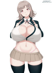  1girl breasts bursting_breasts cleavage danganronpa_(series) grey_hair huge_breasts kainkout looking_at_viewer microskirt midriff miniskirt nanami_chiaki navel red_eyes short_hair skirt solo thighhighs thong unbuttoned  rating:Questionable score:82 user:rollo34