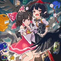  2girls :d ascot belt beyblade bird black_belt black_bird black_footwear black_hair black_ribbon black_skirt bow breasts camera cd closed_mouth collared_shirt commentary_request crossed_arms crow detached_sleeves dress frilled_bow frilled_dress frilled_hair_tubes frills game_&amp;_watch game_console gamecube gamecube_controller hair_tubes hakurei_reimu hand_on_another&#039;s_head hat highres holding holding_camera kappy745 long_sleeves mountain_of_faith multiple_girls neck_ribbon nintendo nintendo_64_controller open_mouth pleated_skirt pointy_ears pom_pom_(clothes) puffy_short_sleeves puffy_sleeves red_bow red_dress red_eyes red_hat ribbon shameimaru_aya shirt short_hair short_sleeves skirt small_breasts smile sweatdrop tassel tokin_hat touhou upper_body white_shirt white_sleeves wide_sleeves yellow_ascot 