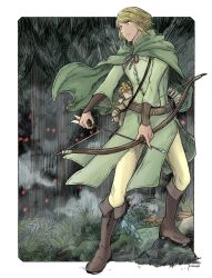  1boy 90n_pacos absurdres arrow_(projectile) artist_name belt blonde_hair boots bow_(weapon) brown_footwear cape elf forest freckles glowing glowing_eyes green_cape green_eyes highres holding holding_bow_(weapon) holding_weapon male_focus medium_hair mushroom nature pixiv_fantasia pixiv_fantasia_last_saga pointy_ears quiver scroll solo tree weapon 
