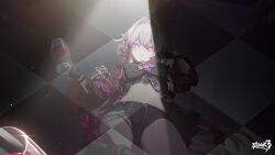  1girl alcohol black_gloves black_shorts closed_mouth copyright_name cup gloves grey_hair hair_between_eyes highres holding holding_cup honkai_(series) honkai_impact_3rd logo long_hair official_art purple_eyes reflection reflective_floor second-party_source shorts thelema_(honkai_impact) wine 