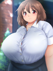 1girl breasts brown_hair bursting_breasts eno_konoe fat huge_breasts looking_at_viewer mikomu original plump red_eyes smile solo thick_eyebrows upper_body rating:Sensitive score:13 user:niabot