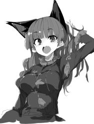 1girl animal_ears blunt_bangs bow breasts cat_ears dress extra_ears greyscale hair_bow hair_down hand_up juliet_sleeves kaenbyou_rin kamukamu_(ars) long_hair long_sleeves looking_at_viewer medium_breasts monochrome open_mouth puffy_sleeves simple_background solo touhou upper_body white_background rating:Sensitive score:10 user:danbooru