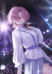  1girl arimura_mao asymmetrical_bangs blue_shorts blue_skirt blurry blurry_background blush breasts dutch_angle earrings gakuen_idolmaster glint highres holding holding_microphone idol_clothes idolmaster jewelry large_breasts light_smile long_sleeves looking_at_viewer microphone nys pink_hair puffy_long_sleeves puffy_sleeves purple_eyes shirt short_hair shorts sideways_glance single_center_frill skirt solo stage_lights white_shirt 