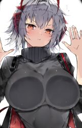  1girl against_glass arknights black_sweater breast_press breasts closed_mouth commentary_request grey_hair highres horns kyuu_(plastic_night_q) large_breasts looking_at_viewer orange_eyes red_horns simple_background solo sweater turtleneck turtleneck_sweater upper_body w_(arknights) white_background 