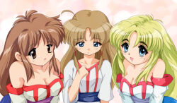 3girls arc_the_lad arc_the_lad_ii bare_shoulders blonde_hair blush breasts brown_eyes brown_hair cleavage closed_mouth dress lieza_(arc_the_lad) long_hair looking_at_viewer low-tied_long_hair medium_breasts multiple_girls multiple_persona open_mouth small_breasts smile very_long_hair zipang_(zip@ng_works)