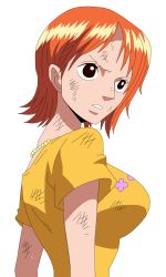  1girl breasts female_focus large_breasts nami_(one_piece) one_piece orange_hair sabaody_archipelago shirt short_hair simple_background solo yellow_shirt  rating:Sensitive score:10 user:lurker#12763412
