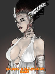  1girl bad_id bad_pixiv_id bandages breasts bride_of_frankenstein covered_erect_nipples english_text gradient_background happy_halloween kusagami_style large_breasts lips looking_at_viewer parted_lips solo stitches upper_body  rating:Sensitive score:23 user:danbooru