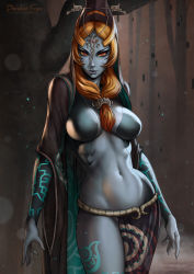 1girl abs artist_name between_breasts blue_skin breasts breasts_apart cloak colored_sclera colored_skin cowboy_shot dandon_fuga eyeliner front_ponytail grey_skin hair_between_breasts headgear large_breasts leg_tattoo light_particles lipstick long_hair long_sleeves looking_at_viewer makeup midna midna_(true) midriff navel nintendo no_panties orange_hair pelvic_curtain pointy_ears purple_lips red_eyes revision smile solo spoilers tattoo the_legend_of_zelda the_legend_of_zelda:_twilight_princess tsurime yellow_sclera rating:Questionable score:140 user:trw