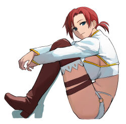  1girl b_suke bikini blue_eyes boots boudica_(fate) breasts brown_footwear closed_mouth expressionless fate/grand_order fate_(series) full_body highres knee_boots knees_to_chest large_breasts long_sleeves looking_at_viewer red_hair short_hair short_ponytail shrug_(clothing) simple_background solo swimsuit thigh_strap white_background white_bikini white_shrug 