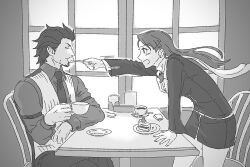  1boy 1girl ace_attorney arm_belt beard blush cake chair closed_eyes closed_mouth collared_shirt cowboy_shot cup diego_armando ear_piercing facial_hair food fork greyscale highres holding holding_cup holding_fork jewelry lcageki long_hair long_sleeves magatama magatama_necklace mia_fey monochrome necklace necktie pants phoenix_wright:_ace_attorney_-_trials_and_tribulations piercing plate profile scarf shirt sitting skirt smile standing table vest 