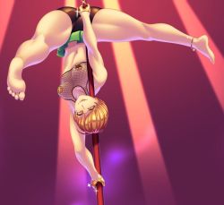  1girl anklet ass barefoot bike_shorts breasts brown_hair fishnets jewelry large_breasts lipstick makeup navel pasties persona persona_4 pole satonaka_chie shadow_chie shorts solo stripper_pole tagme tongue tongue_out yellow_eyes 