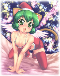  1girl :3 all_fours animal_ears blush breasts cat_ears cat_tail collarbone downblouse green_eyes green_hair hase_yu hat matching_hair/eyes midriff nyano open_mouth original red_thighhighs santa_hat short_hair shorts small_breasts solo sparkle star_(symbol) starry_background tail thighhighs 