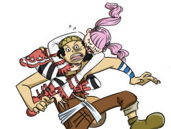1boy 1girl between_legs black_hair hug hug_from_behind leg_lock licking_another&#039;s_face long_hair long_nose looking_at_another one_piece open_mouth overalls perona pink_hair sitting_on_shoulder skirt tongue tongue_out twintails usopp