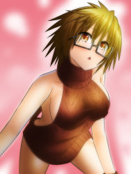  1girl artist_request aussa_the_earth_charmer breasts brown_hair duel_monster female_focus glasses meme_attire open_mouth orange_eyes pink_background short_hair sideboob solo triangle_mouth virgin_killer_sweater yu-gi-oh!  rating:Questionable score:4 user:elemental_guy