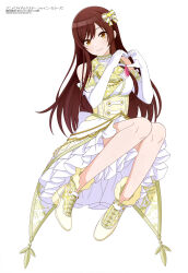  1girl absurdres boots brown_eyes brown_hair closed_mouth clothes_lift dress elbow_gloves frilled_dress frills full_body gloves hair_between_eyes hair_ribbon heart heart_hands high_heels highres idolmaster idolmaster_shiny_colors knees_together_feet_apart long_hair looking_at_viewer magazine_scan megami_magazine official_art osaki_amana ribbon scan sidelocks simple_background skirt skirt_lift smile solo uniform white_background white_footwear white_gloves yellow_dress 