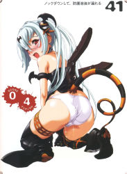 00s 1girl albino alice_(queen&#039;s_gate) ass blush fang from_behind highres kneeling looking_back nishii_(damnedrive) nitroplus panties queen&#039;s_blade queen&#039;s_gate red_eyes solo tail thighhighs underwear white_hair white_panties wince rating:Questionable score:47 user:danbooru