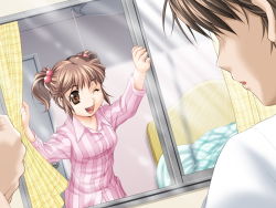  1boy 1girl kami_tama_~kami-sama_no_tamago~ kanan_(kami_tama) pajamas wink yukishiro_yoshi 