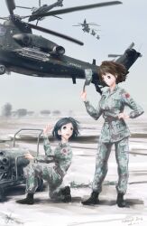  2girls aircraft hallelujah_zeng helicopter military missile multiple_girls people&#039;s_liberation_army rocket_pod thumbs_up uniform z-10  rating:General score:1 user:andyhan