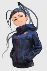  1girl antenna_hair black_hair capcom grey_background hands_in_pockets head_tilt high_ponytail hood hood_down hoodie hungry_clicker ibuki_(street_fighter) long_hair product_placement red_bull smile smirk solo street_fighter street_fighter_iii street_fighter_v zipper 