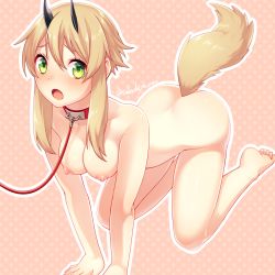 1girl :o all_fours artist_name ass bad_id bad_pixiv_id blonde_hair breasts character_request collar collarbone completely_nude dog_tail fang green_eyes hair_between_eyes highres horns leash medium_breasts nipples nude open_mouth outline phantasy_star phantasy_star_online_2 pink_background polka_dot polka_dot_background sakura_chiyo_(konachi000) short_hair_with_long_locks solo tail twitter_username viewer_holding_leash rating:Questionable score:23 user:danbooru