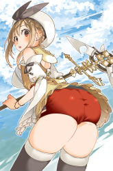 1girl ass atelier_(series) atelier_ryza bare_shoulders blush breasts brown_eyes brown_hair chestnut_mouth from_behind from_below hair_ornament hairclip hat large_breasts looking_back looking_down open_mouth red_shorts reisalin_stout shiny_clothes shiny_skin short_hair short_shorts shorts sideboob skindentation solo staff thick_thighs thighhighs thighs tongue wide_hips rating:Sensitive score:6 user:armorcrystal