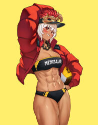  1girl abs alternate_costume arm_up artist_name ball bandeau bead_necklace beads breasts cleavage clothes_writing commentary cowboy_shot dark-skinned_female dark_skin facial_mark female_focus fire_emblem fire_emblem_fates grin head_tilt holding holding_ball jacket jewelry large_breasts meziosaur midriff muscular muscular_female navel necklace nintendo open_clothes open_jacket orange_eyes red_jacket rinkah_(fire_emblem) short_hair simple_background smile solo sportswear standing stomach strapless thighs tube_top visor_cap volleyball_uniform whisker_markings white_hair yellow_background 