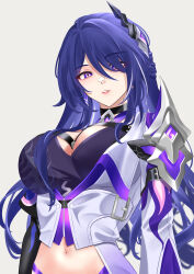  1girl absurdres acheron_(honkai:_star_rail) alternate_breast_size arm_belt armor belt black_belt black_choker black_gloves breasts choker cleavage coat commentary diamond-shaped_pupils diamond_(shape) earrings elbow_gloves english_commentary eyeliner eyes_visible_through_hair gloves grey_background hair_intakes hair_ornament hair_over_breasts hair_over_one_breast hair_over_one_eye halterneck highres honkai:_star_rail honkai_(series) huge_breasts jewelry long_hair looking_at_viewer makeup meisaki midriff multicolored_hair navel parted_lips purple_eyes purple_hair red_eyeliner shoulder_armor single_elbow_glove solo streaked_hair symbol-shaped_pupils teeth upper_body white_coat 