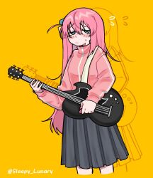  1girl artistic_error blue_eyes blush_stickers bocchi_the_rock! closed_mouth commentary cowboy_shot cropped_legs cube_hair_ornament electric_guitar flying_sweatdrops gotoh_hitori grey_skirt guitar hair_between_eyes hair_ornament highres holding holding_instrument holding_plectrum instrument jacket long_hair long_sleeves looking_at_viewer one_side_up pink_hair pink_jacket plectrum sidelocks simple_background skirt sleepylunary small_sweatdrop solo standing symbol-only_commentary track_jacket twitter_username very_long_hair yellow_background 