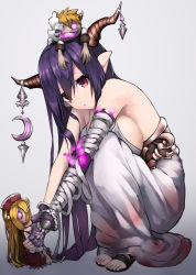 1girl bandaged_arm bandages bare_shoulders breasts crescent danua doll draph dress fingerless_gloves gloves granblue_fantasy grey_background highres horns kuronosu_(yamada1230) large_breasts long_hair looking_at_viewer pointy_ears purple_hair red_eyes sandals simple_background sleeveless solo squatting white_dress rating:Sensitive score:10 user:danbooru