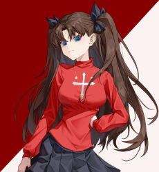  1girl absurdres black_skirt blue_eyes breasts brown_hair closed_mouth cross_print fate/stay_night fate_(series) fenglansishui gem hair_ribbon hand_on_own_hip highres jewelry long_hair long_sleeves looking_at_viewer medium_breasts pendant pleated_skirt red_sweater ribbon skirt solo sweater tohsaka_rin turtleneck turtleneck_sweater two-tone_background two_side_up very_long_hair 