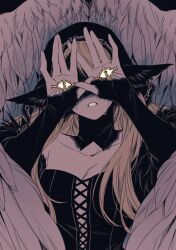  1girl animal_ears artist_name black_background black_dress black_hat blonde_hair breasts cleavage collarbone covered_eyes covering_own_eyes cross-laced_clothes cross-laced_dress crying detached_collar dress dungeon_meshi facing_viewer feathered_wings fur-trimmed_sleeves fur_trim hand_eye hands_up hat head_scarf highres lace-trimmed_sleeves lace_trim limited_palette long_hair marcille_donato marcille_donato_(lord) muj0 off-shoulder_dress off_shoulder signature sleeves_past_wrists solo spoilers tears upper_body wing_hug wings 