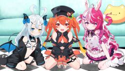  3girls akugaki_koa animal_ears bandaid blue_eyes bow breasts closed_mouth commission couch demon_horns enya_ignis fangs flat_chest floor gloves hair_ornament hat heterochromia highres horns idol_corp kiniro_tofu kneeling knees lalabell_lullaby long_hair looking_at_viewer multicolored_hair multiple_girls open_mouth orange_hair pillow pink_eyes pink_hair rabbit_ears red_eyes ribbon skin_fangs small_breasts smile socks thighs twintails very_long_hair virtual_youtuber wallpaper white_hair yellow_eyes 