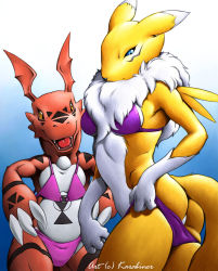  bikini clothes digimon digimon_(creature) digimon_tamers furry guilmon highres karabiner renamon swimsuit  rating:Questionable score:13 user:youthere